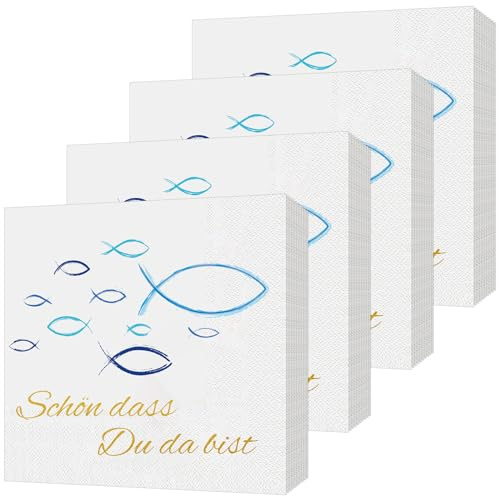 80 Stück Servietten Fisch Blau, Schön, dass du da bist!', Fisch Tischdeko für Taufe, Kommunion, Konfirmation, Taufdeko Mädchen oder Andere festliche Anlässe, 33 x 33cm