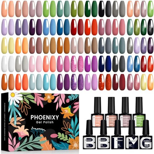 Phoenixy U V Nagellack Set 45+5 stk. Gel Nägel Set für Nagel Design mit Unterlack, Überlack, Matte, Glitter, Golden Überlack Nägel Selber Machen Set