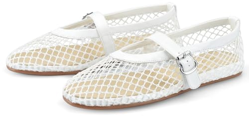 Adrizzlein Mesh Ballet Flats for Women Fishnet Ballerina Flats Buckle Strap Mesh Ballet Shoes Wide Width Casual Summer Dress Flat Shoes, White, 5.5 UK