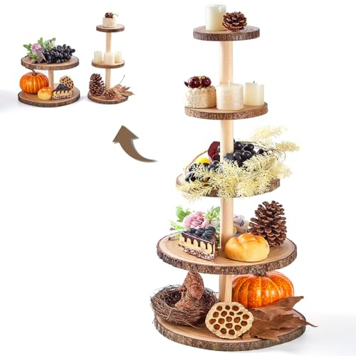 5-Tier Wood Cupcake Stand, Rustic Cake Display Stand Ideal Dessert Holder Tower for Wedding Table Centerpiece, Multifunctional 3+2 Tiered Detachable Large Wood Slices Decoration
