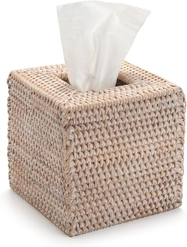 Kosmetiktücherbox aus Rattan, Quadratische Geflochtener Tücherbox Halter, Gewebter Gesichtstuchhalter, Dekorative Taschentuchbox für Esstisch, Wohnzimmer, Badezimmer (Weiß)