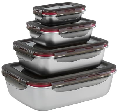 Leak-proof Stainless Steel Food Storage Container Set of 4 Meal Prep Food Container with BPA-free Lids Metal Fresh Storage Container for Freezer Oven Dishwasher Safe, 220ml/600ml/ 1500ml/ 2900ml
