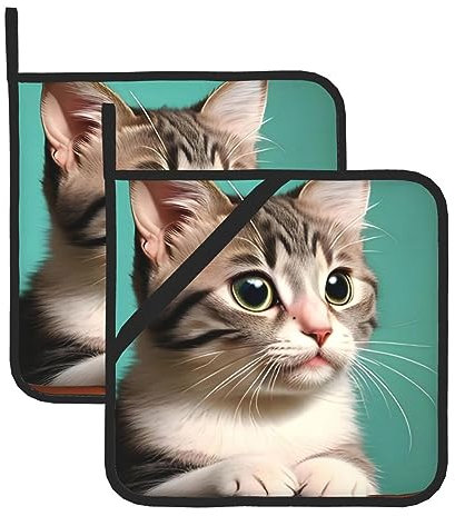 Set presine resistenti al calore, design a stampa completa di gatto curioso per cuocere, grigliare e barbecue, cuscinetti caldi per forno da cucina