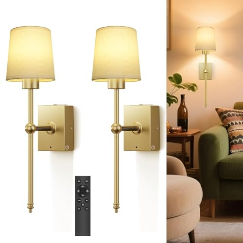 Toowell Battery Operated Wall Lights Rechargeable Wall Lights Indoor Wireless Wall Sconces No Wire for Living Room Hallway Bedroom,2Pcs Gold