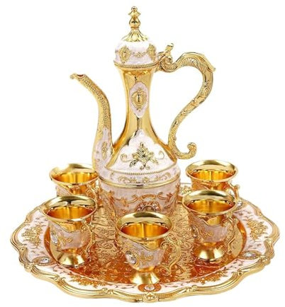 Turkish Tea Set with Pot Tray and 6 Cups Vintage Turkish Coffee Set Alloy Moroccan Tea Easy to Clean Cups for Home Wedding Decoration, Coffee