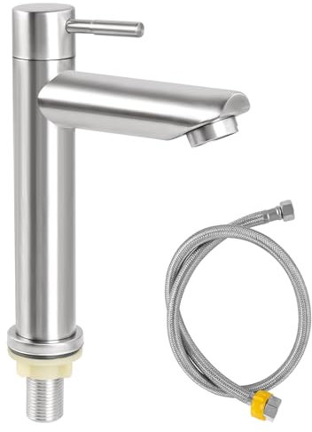 Kaltwasserhahn Gäste WC, Wasserhahn Kaltwasser Einhebelmischer Kaltwasser Armaturen aus Edelstahl 304,Wasserhahn Bad Kaltwasser mit 80cm Anschlussschlauch für Handwaschbecken Gäste WC