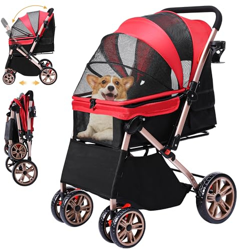 DWVO Hundvagn 3-i-1 hundbur, transportväska, vikbar kattvagn upp till 22 kg, 360° slitstarka EVA-hjul, förvaringskorg, nätfönster, 58,5 x 76 x 105 cm, hundvagn för hundar (röd)