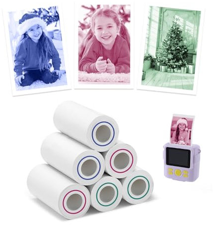 6 Rolls Kids Instant Camera Refill Print Paper- White-Based Red Green Blue Thermal Paper for Kid Camera, HD Photo Printer Paper for Kids Aged 4-10 Boys Girls Birthday Gifts
