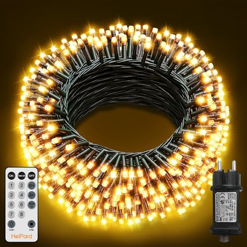 HeiPard Luci Albero di Natale, 20M 200 LED Luci Natalizie da Esterno ed Interno con 8 Modalità, Funzione Memoria, Telecomando, Timer, Dimmerabile per Giardino, Balcone, Casa, Festa - Bianco caldo