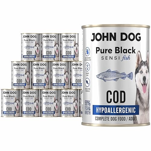 John Dog Hundenassfutter Kabeljau - monoprotein Hundefutter - getreidefreies und hypoallergenes Nassfutter für empfindliche Hunde - Pur Black Sensi Fish - 12 x 400g