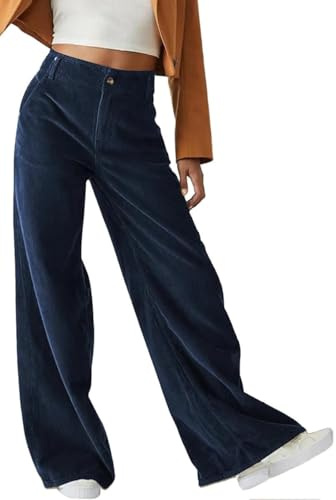 Joligiao Pantalones de Pana Mujer Elástica Cintura Alta Pantalones Casuales Pantalón de Pana con Bolsillos Pantalone Casuales de Pana de Rectos de Pierna Holgada Vintage Pantalón Mujer(Azul,L)
