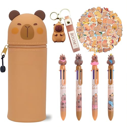Capybara Silikon Federmäppchen Ausziehbar und Faltbar, mit Kugelschreibern Schlüsselanhänger und Aufkleber Set, 2-in-1 Kawaii Stiftetasche, Tischstifthalter für Schulbedarf, Kindergeschenk (C1)