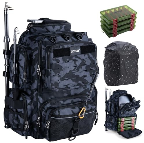 Goture Angelrucksack mit 4 Köderbox Angeln, 45-Liter Angelzubehör-Rucksack mit Zwei Rutenhaltern und Regenschutz, 900D Oxford-Gewebe Wasserabweisende Angelgerätetasche mit verstellbarem Fach
