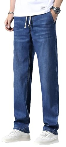 Jamron Lätta och smala sommarjeans i Lyocell för män, denimbyxor, raka ben med elastisk midja och dragsko, Marinblå, XXL