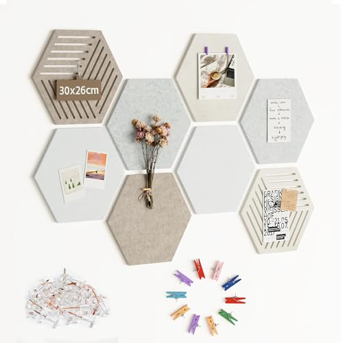 Uoisaiko Hexagon Felt Pin Board 8 Pack, Cork Board Alternative, 0.9cm Thick Notice Vision Board for Home Office Kitchen Classroom Wall, Secure Stay-in-Place Adhesion