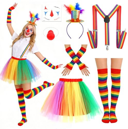 Beipegin 7 Piezas Disfraz Payaso Mujer Adulto, Disfraz Circo, Tutu Arcoíris Nariz de Payaso Pegatinas para la Cara Diadema de Plumas y Calcetines Arcoíris Guantes Tirantes