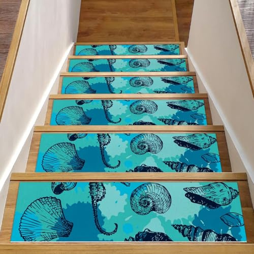 RODAILYCAY Peldaños de escalera para peldaños de madera, conchas de caballo de mar, conchas de mar, caracola, cangrejo, 15 piezas, alfombra antideslizante para interiores, alfombras para niños