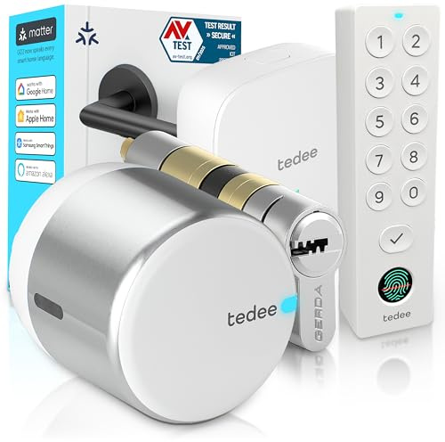 Tedee GO2 Alu Cerradura Inteligente WiFi con Cilindro Exxo Smart, Bridge y Teclado Keypad PRO, Cerradura Electrónica con Huella Dactilar y Código, Acceso Remoto, Compatible con Alexa, Google, Matter