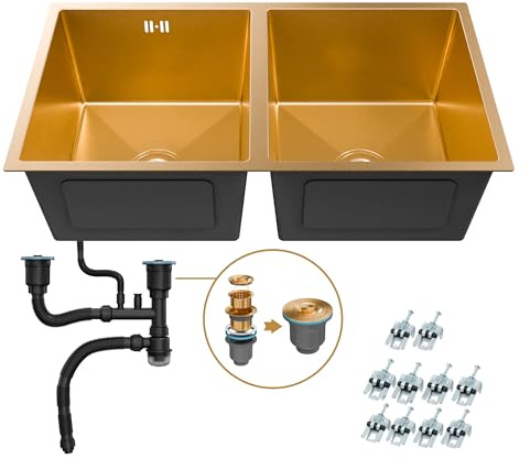 ANW HOME Fregadero Cocina 2 Senos 80x45 cm, Oro PVD | Bajo Encimera, Sin Escurridor, Revestimiento Nano, Grosor 3.0+1 mm, Con Sifón
