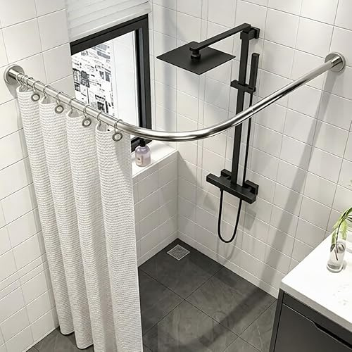 KnnMoiti Shower Curtain Rail L-Shaped Adjustable Wall-Mounted, Silver | Shower Curtain Pole 68x98cm / 68x98 cm for Bathroom, Curved Shower Rail