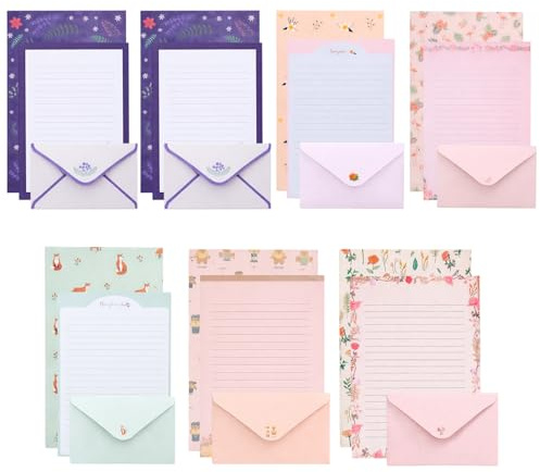 63Pcs Writing Paper, Writing Paper and Envelopes, 63 Piece Stationery Collection with Decorative Designs, Purple Garden Theme, Flamingo and Floral Patterns, for Handwritten Correspondence