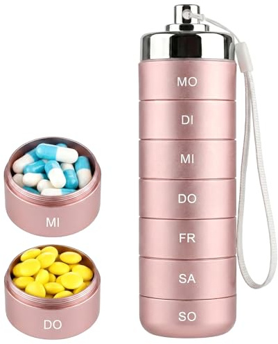Pillerbox 7 dagar, resa pillerlåda metall av aluminiumlegering, vattentät medicinlåda 7 dagar, bärbar pillerlåda 7 dagar med 7 fack, liten för vitaminer, fiskolja och tabletter (rosa)