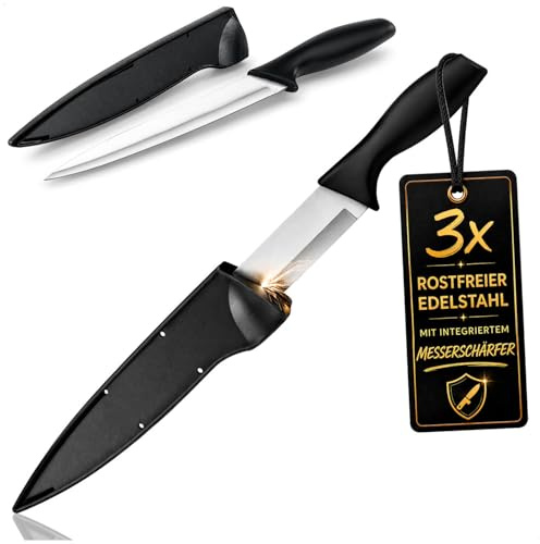 com-four® 3 coltello universale con fodero – lama multiuso in acciaio inox con affilatore integrato – coltello cucina e outdoor con manico in plastica (3 argento/nero 31cm)