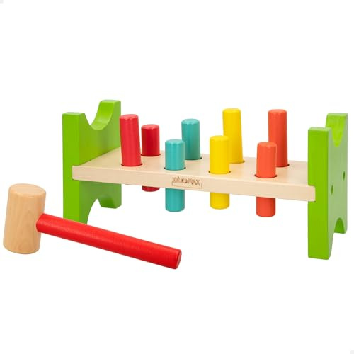 WOOMAX 40999 - Banco de Madera con Martillo para niños, Juguete para niños Desde 1 año, Incluye 10 Piezas y un Martillo