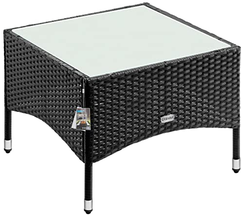 Casaria® Polyrattan Beistelltisch 58x58x42 cm Höhenverstellbare Füße 5mm Sicherheitsglas Wetterfest Gartentisch Balkontisch Kaffeetisch Outdoor Schwarz