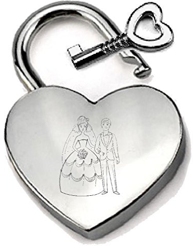 Silver-Tone Heart Padlock Engraved Bride Groom Wedding