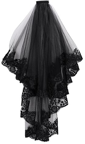 Brautschleier mit Kamm Hochzeit Braut Kurzer Schleier mit 2 Schichten Spitzen Hochzeitsschleier Schwarzer Softtüll Brautkleid Zubehör Halloween Kostüm Hexe Haarschmuck Cosplay Maskerade Kopfschmuck