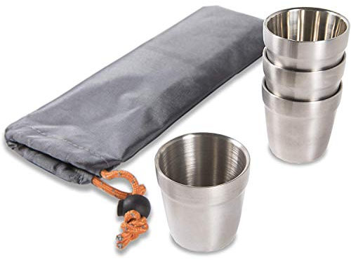nCamp Camping-Kaffeetassen-Set, isolierte Edelstahlbecher, stapelbare Metallbecher, Edelstahlbecher mit Nylon-Kordelzugbeutel, hergestellt aus 304 Edelstahl, 170 ml, 4-teiliges Set