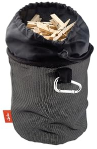 JATA HOGAR HPLA5211 - Bolsa de Pinzas Impermeable. Para Uso en Interiores y Exteriores. Para 100 / 150 Pinzas. Con Mosquetón para Colgar. Cierre de Cordón. Negro. Pequeña