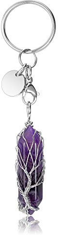 CrystalTears Amethyst Heilkristall Schlüsselanhänger Silber Baum Leben Draht umwickelt sechseckige Kristallspitze Anhänger Auto Schlüsselanhänger für Frauen Mädchen