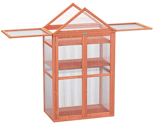 Outsunny Garden Cold Frame Polycarbonate Greenhouse 80 x 47 x 138cm Orange | Adjustable Shelves, Double Doors, Openable Top Covers, Grow House, for Flower Vegetable Plants