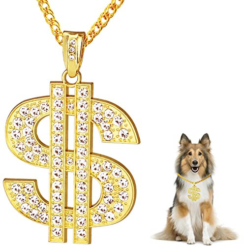 FUNKA Goldene Kette, Hundehalsband, verstellbar, kubanische Glieder-Halskette mit Kristall-Dollarzeichen-Anhänger, niedlicher modischer Haustierschmuck, Kette, Welpen, Katze, Kostüm, Outfits, Zubehör