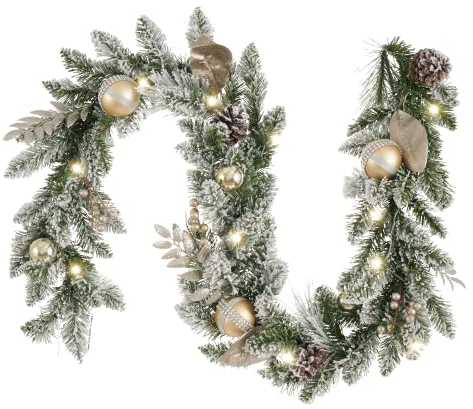 Valery Madelyn Pre-Lit Christmas Garland for Mantel, Elegant Garland with Baubles and Berry, with Led Lights and Timer Function for Party Decor (Champagne Gold, 6ft)