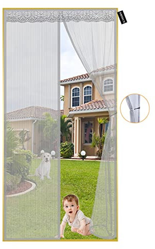 Magnetic Fly Screen Door 90x195cm(35x77inch) Screens Super Quiet with Full Frame Hook and Loop and Powerful Magnets that Snap Shut Automatically Washable Mesh -Grey