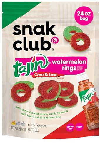 Snak Club Tajin Watermelon Rings Chili & Lime Sazonado Gummy Candy Snack, Jumbo Pack 24oz (680g), Gomitas suaves/clásicas, veganas y sin gluten