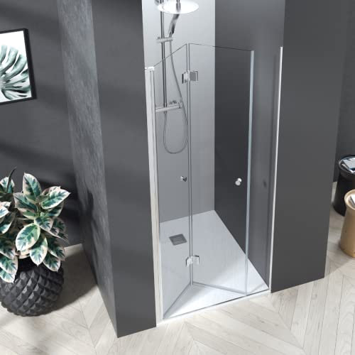 Paroi de Douche Frontale Porte Pliante TRANSPARENTE | Cabine de Douche à Ouverture Pliante | Verre Trempé 6 mm avec Anti-calcaire | Hauteur 195 cm | Profilé Chrome | 80 cm