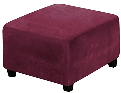 LiveGo Ottoman Cover, Footstool Cover, Ottoman Slipcovers Rectangle,Velvet Chair Cover Protector for Living Room Soft Touch Elastic Detachable Stool Cover Slipcovers (Wine Red, Medium)