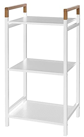 Mobiletto scaffale Bagno salvaspazio, con 3 Ripiani portaoggetti, Colore Bianco in Acciaio, Inserti in bambù, H 78 x p 30 x L 40 cm, in Kit di Montaggio