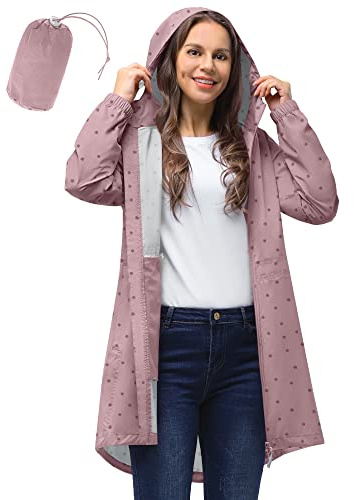 33,000ft Women's Rain Jacket Lightweight Hooded Long Rain Coat Waterproof Jacket Ladies Packable Functional Jacket Windbreaker Breathable Active Outdoor Coats Dotted Pink M/12