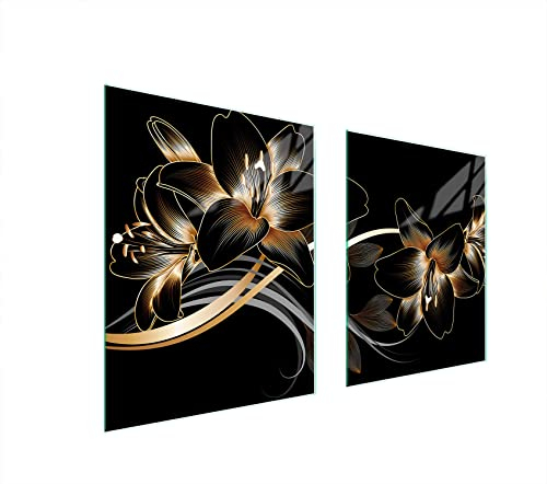 DarHaus Herdabdeckplatten 85x52 Tweiteilig Glas Elektroherd Induktion Herdschutz Spritzschutz Glasplatte Deko Schneidebrett, Orchidee Schwarz