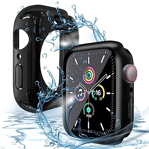 Smartwatch Gehäuse und Displayschutzfolie für Apple Watch 44mm Serie 5/4/6/SE, Qianyou Wasserdicht Integriertes PC-Schutzgehäuse aus Gehärtetem Glas, Ultradünne Vordere und Hintere Schalen