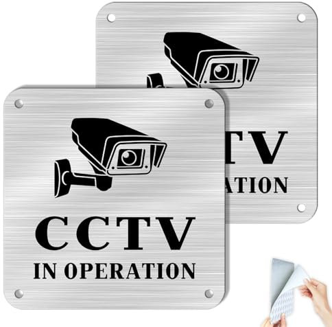 SINMAO 2 Pack CCTV In Operation Sign Outdoor Metal with Self-adhesive and Pre-Drilled Holes, Small CCTV Window Sign for Camera or Security Camera Waterproof Sticker-Aluminium Brushed 10×10cm