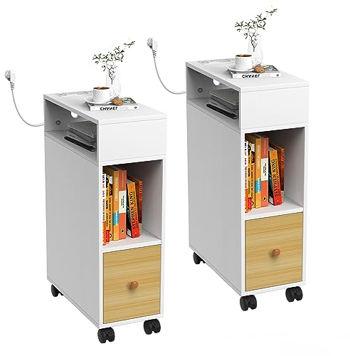 PIPIPOXER Set di 2 comodini, tavolino con presa elettrica con 2 cassetti e 1 ripiani aperti, comodino con ruote, per soggiorno, camera da letto, 60 x 30 x 60 cm, colore bianco e legno