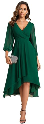 Vestido De Invitada De Boda para Mujer Cuello En V Manga Larga Vestido De Línea A Vestido De Navidad para Fiesta Verde Oscuro 56