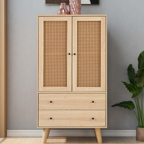 KOMHTOM Credenza in rattan Mobiletto camera da letto con 2 ante e 2 cassetti, mobiletto multiuso con ripiani e porta magnetica per camera da letto soggiorno ingresso (B)