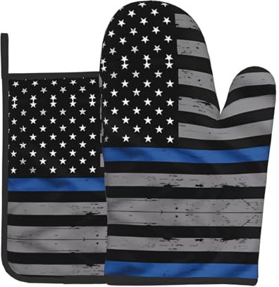 YYHHAOFA Ensemble de gants de cuisine et maniques avec motif drapeau américain bleu : épais et durable, anti-brûlure et isolant thermique